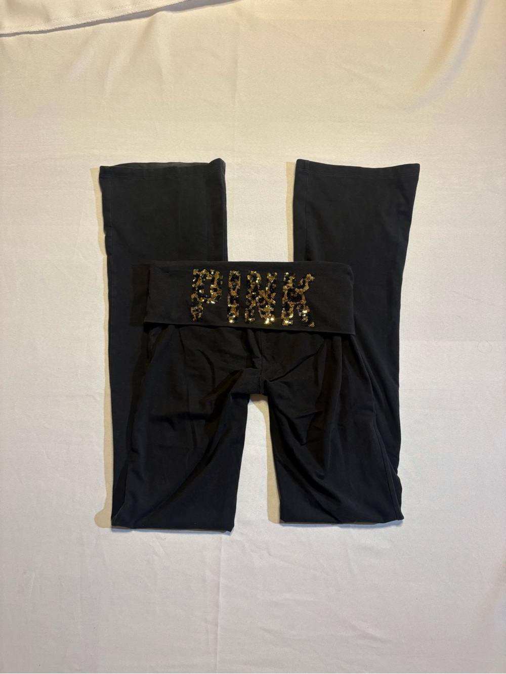 PINK Victoria's Secret Black Leggings with Gold Sequin Logo Waistband